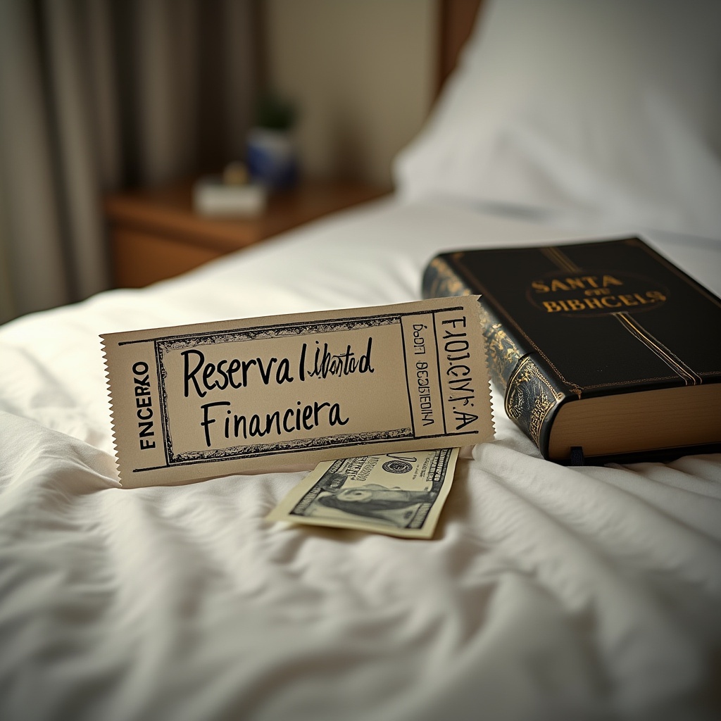 AI generated image by FLUX.1-pro: "Hyper-realista. Imagina una imagen conceptual que simbolice la enseñanza 'Reserva de libertad Financiera', un escritorio en un hotel donde hay un ticket de reserva y tiene escrito en letras "Reserva de libertad financiera" tambien dice "Jueves 13 de Febrero 7:00 PM" Tambien dice "Unicentro Occidente Local 207" como los de reserva de hotel, el ticket está encima de la cama y al lado una alcancia mediana, a la alcancia está entrando un billete de 20 dolares. y al lado de la alcancía estará una biblia. dice en letras: "Santa Biblia"