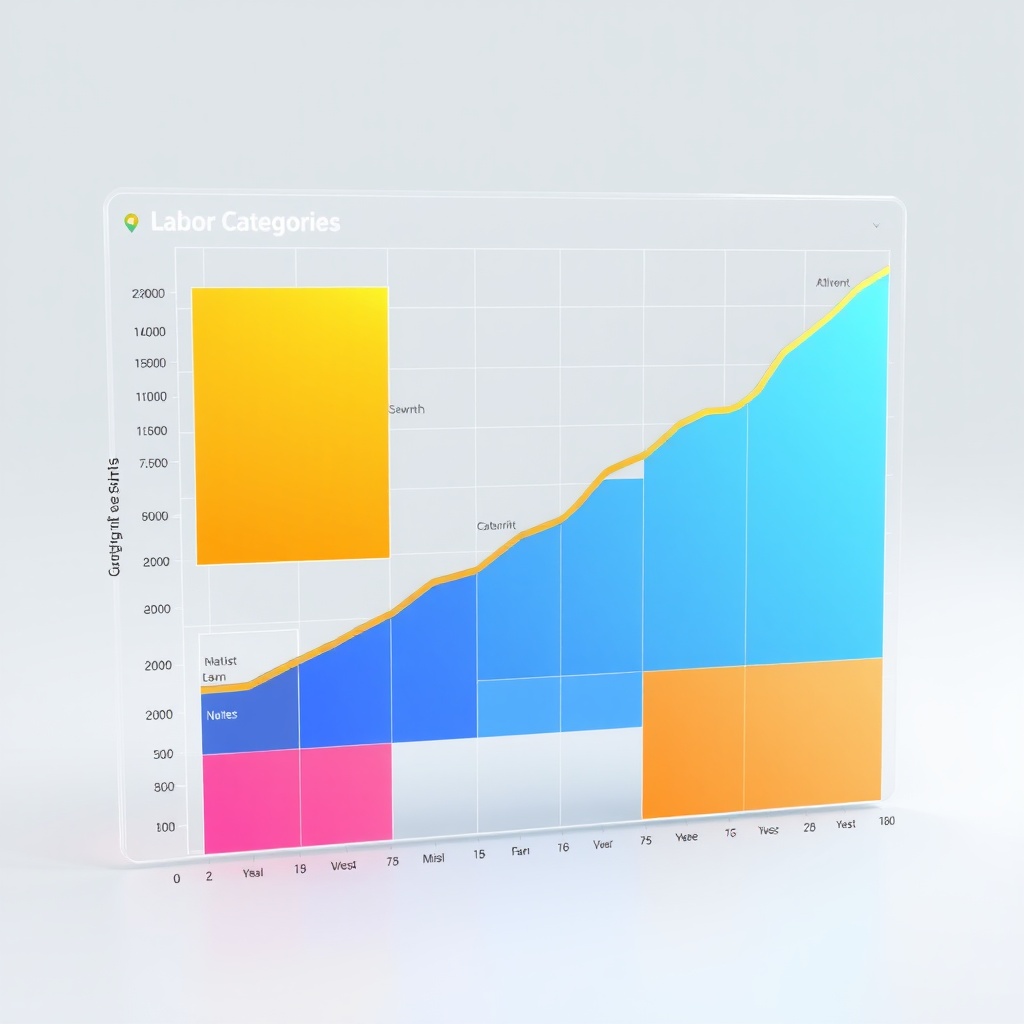 AI generated image by FLUX.1-schnell: A 3d igital mage of a software interface that displays labor categories as a data point matrix intended to display those categories growth or reduction over time.
