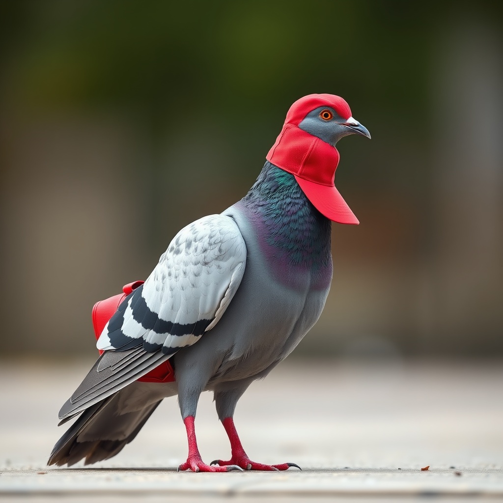 AI generated image by FLUX.1-schnell: A postal pigeon standing on the ground with a red baseball hat on his head and caarying a red shoulder bag over his left wing