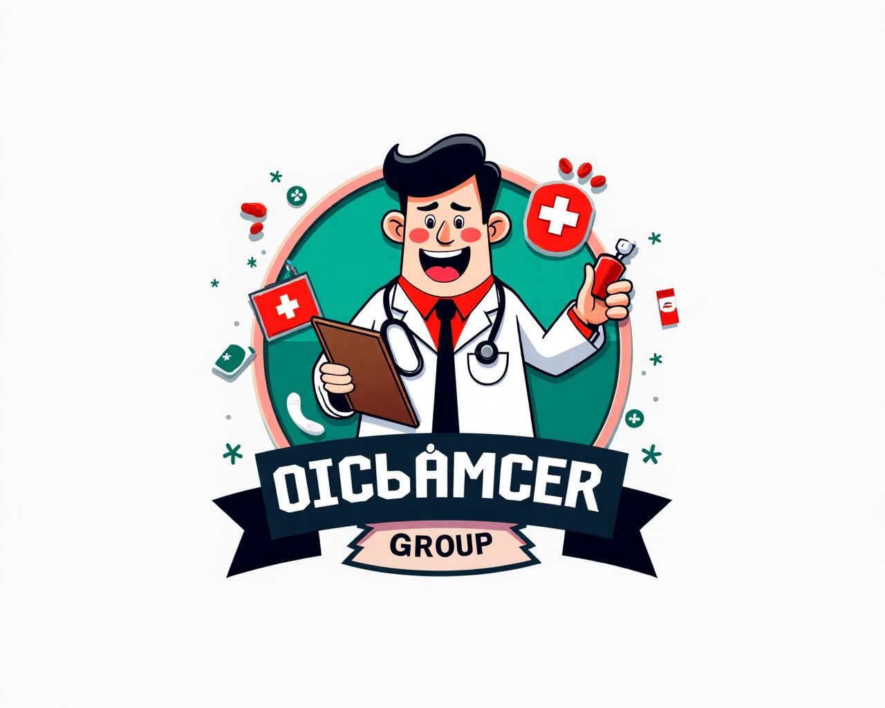 AI generated image by FLUX.1: A humorous, stylized logo for a group called “Диспансер”. A funny medical-themed emblem: a slightly chaotic but friendly clinic building with exaggerated cartoon style. A smiling doctor holding a giant clipboard, a stethoscope shaped like a question mark, and playful medical symbols (pills, bandage, cross) floating around. The vibe is military-medical humor, slightly ironic but not dark. Bold composition, meme-style, clean vector illustration, high contrast, flat design with subtle 3D shading. Text “Диспансер” integrated into the logo in a strong stencil or military-style font. Colors: white, red, medical green, dark blue. Background minimal, badge-like emblem, perfect for group avatar. Highly recognizable, funny, and slightly absurd.
