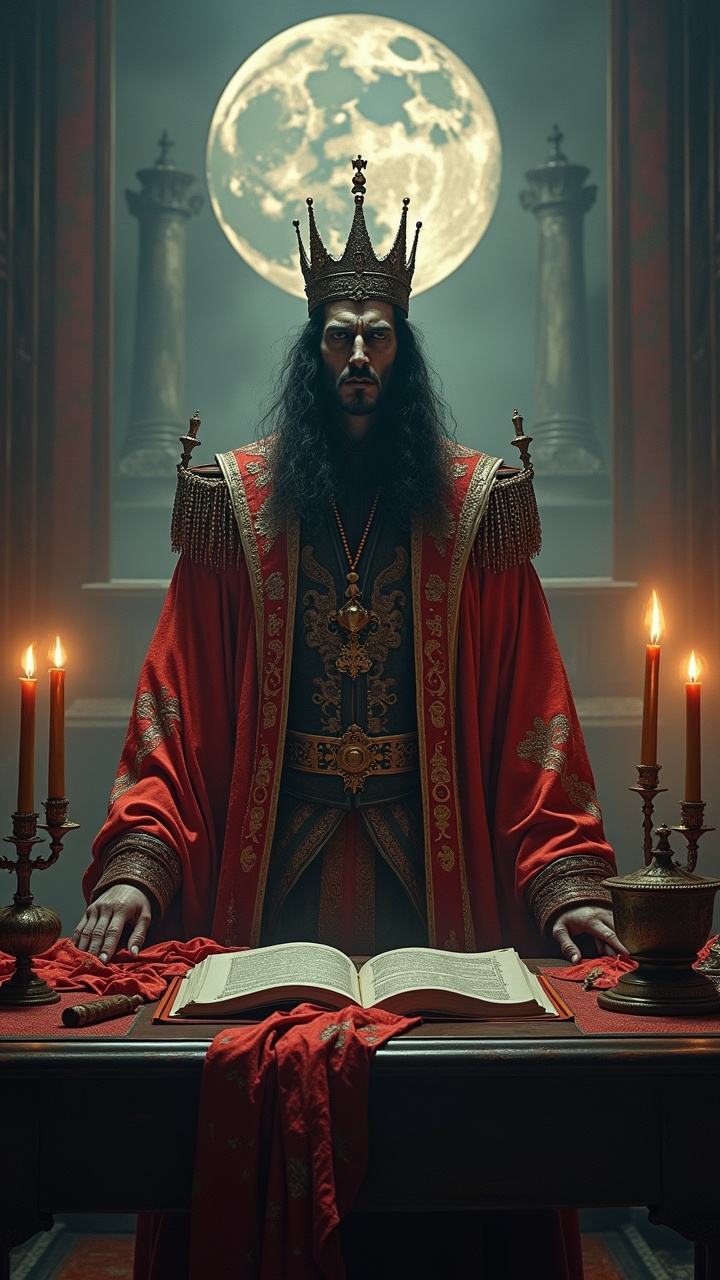 AI generated image by FLUX.1: Doom day at the office of the king,  Japanese Culture Style, Neo Photorealistic Art, highly esthetic enigmatic industrial chaos in royal environment, fine art, fine hair-size brush. gothic empire style, crown table