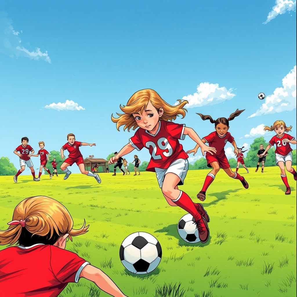 AI generated image by FLUX.1-schnell: A vibrant multi-panel comic scene in Jim Lee's dynamic style, capturing an 8-year-old girl with fair skin and sandy blonde/brown, shoulder-length hair aggressively playing soccer, tackling opponents in a vivid green field under bright blue skies, wearing a bold red shirt with a white "29," white shorts, and matching red socks, showcasing action and excitement.