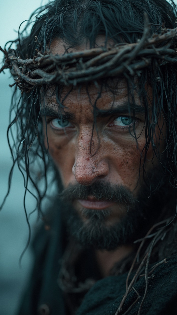 AI generated image by FLUX-Realism-Lora: In an intense, evocative close-up, the scene focuses on a man with piercing blue eyes framed by long, wet strands of dark hair, staring directly at the viewer. His expression is one of deep contemplation, layered with sorrow and strength. A crown of rugged, intertwined thorns rests on his forehead, with small droplets running down his face, adding an element of vulnerability. The camera starts with a tight focus on his striking, expressive eyes, slowly panning down to reveal the texture of his weathered, slightly bruised skin, emphasizing each wrinkle and shadow. Subtle highlights glint off the thorns and wet hair, creating a somber and mystical atmosphere. Behind him, the background is blurred but suggests an overcast seascape, with cold, muted blue and gray tones that enhance the emotional weight of the shot. The soft, diffused lighting contrasts with the man’s intense gaze, capturing the raw detail in IMAX quality with hyper-detailed photorealism and ultra-high definition. The ultra-smooth camera motion draws the viewer into the depth of his gaze, accentuating a timeless, otherworldly realism, reminiscent of classic cinematography, creating a powerful moment filled with silent emotion and reflection. This shot showcases award-winning cinematography, extreme realism, and cinematic HD photorealism, capturing a moment of profound introspection and resilience.