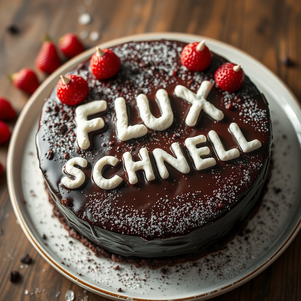 AI generated image by FLUX.1-schnell: black forest gateau cake spelling out the words "FLUX SCHNELL", tasty, food photography, dynamic shot