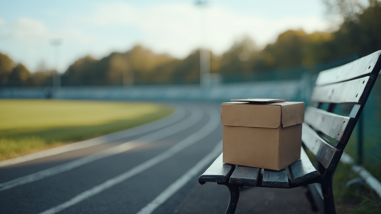 AI generated image by FLUX-Realism-Lora: A realistic photograph of a small box sitting on an angled metal bench with a running track in the background. The bench with the box should take up the lower right corner of the composition, while the track and scenery takes up the upper left two thirds of the composition. The running track is made of black rubber turf with white stripes, and the curved part of the track is what is visible to the camera. The photo should include sky and trees off in the far distance with lens blur, while the box and the bench should be in full focus. 