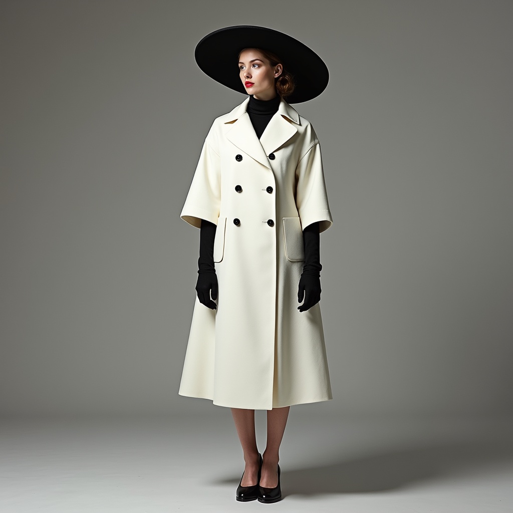 AI generated image by FLUX.1: studio photo "CHARADE EVENING" - La Robe de Soirée

"FAIR LADY" - Le Manteau Statement

Un manteau midi en cachemire double-face blanc et noir
Col oversized inspiré des années 60 mais modernisé
Manches trois-quarts avec des gants intégrés en cuir fin
Boutonnage asymétrique avec des boutons en cristal
Accessoire : Chapeau cloche modernisé en feutre avec voilette amovible