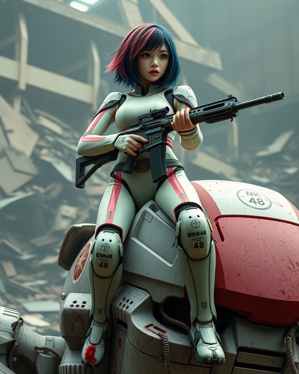 AI generated image by FLUX.1-schnell: Masterpiece full body of a Real Man,Virtual reality, skin like a real person , Best Quality,Beauty, full body image,War Cinematography , best shadows best illustrations Wallpaper size 1080×2400 px Detailed A realistic sci-fi image, similar to Hollywood movies. Full-length image of a Southeast Thai woman 14 years old very very big breasts, big breasts, short hair, dark pink and blue hair, white skin,  hold a AR-15 Gun and shooing forward, There was a large spark at the muzzle of the gun. her face looking straight ahead but her eyes looking to the right. Her face shows an indifferent but powerful expression on her face. There is a long blood-streaked map. She is wearing a modern but retro robot costume in light green and pink color with the logos green text of "CGM48", and pink text of "BNK48", on the costume. She is standing on the head of a large robot (only the robot's feet are visible). Low-key lighting gives an apocalyptic feel. The background is a collapsed building with billowing smoke. GUNDAM image. A number of storm troopers are chasing after him from behind.