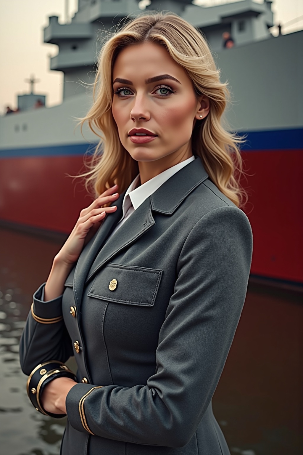AI generated image by FLUX.1-image-to-image: Create a photorealistic, high-quality image of the woman from the attached photo in a setting celebrating the 300th anniversary of the Russian Navy (VMF). MOST IMPORTANT RULE: Do not alter her face, facial features, hairstyle, makeup, or clothing under any circumstances. Preserve her original pose as much as possible while seamlessly integrating her into the naval-themed background. Only minor adjustments to her pose are allowed if absolutely necessary to fit the scene, but all personal details must remain identical to the original photo. Place her against a background that reflects the grandeur of the Russian Navy, such as a modern or historical naval ship, a harbor with ships, or a coastal scene with naval elements. Ensure the lighting and atmosphere are realistic and appropriate for the theme. Do not add any text, logos, or watermarks to the image. The final result must be highly detailed, lifelike, and indistinguishable from a real photograph.