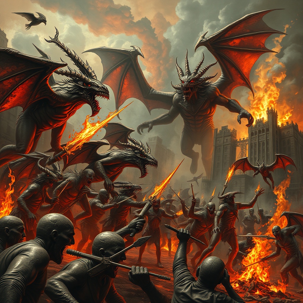 AI generated image by FLUX.1-schnell: A detailed picture of hell on earth. with humans being ripped apart, grotesque detailed demons flying around blowing fire and stabbing human survivors. In the background is massive giant demon blowing fire on buildings.