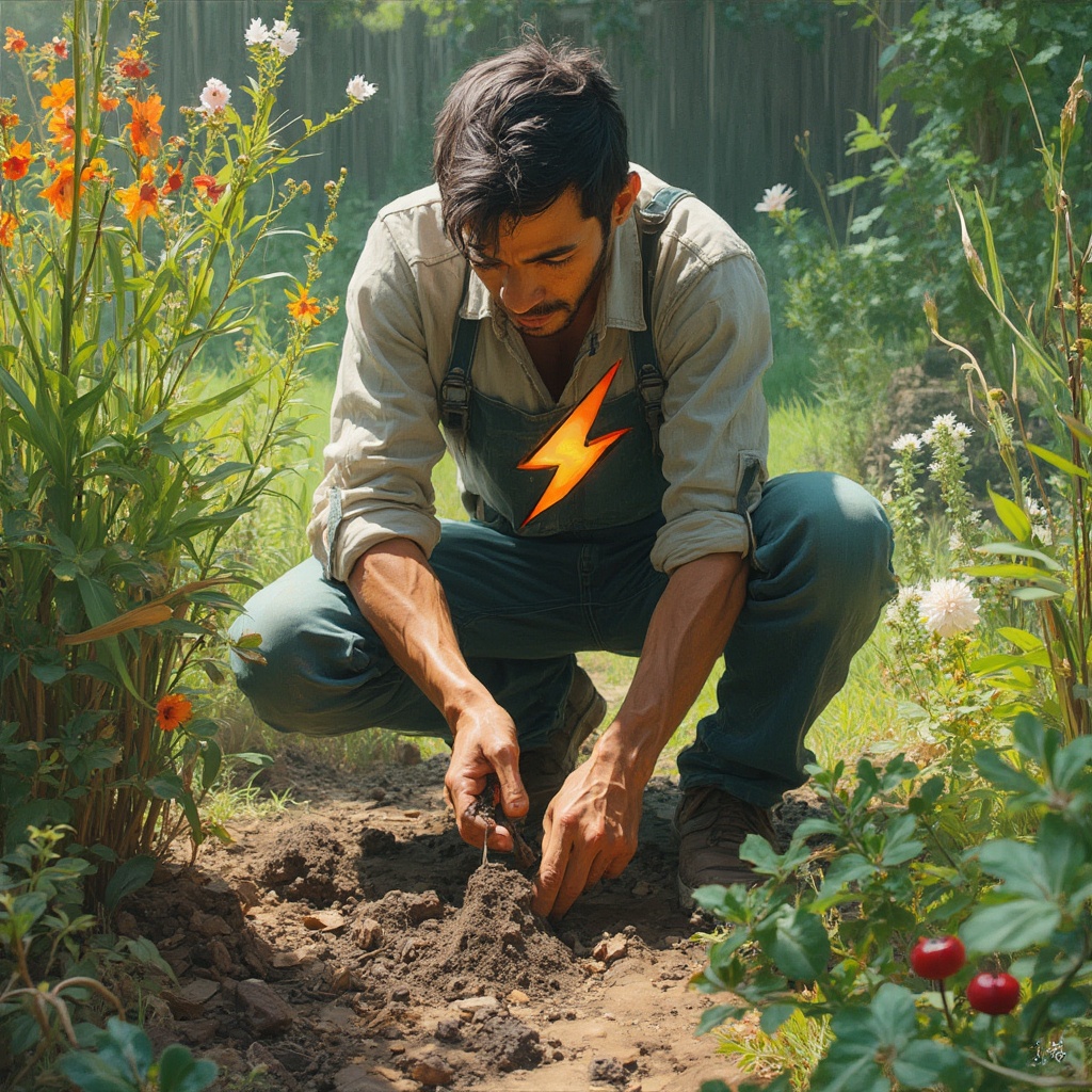 AI generated image by FLUX-Realism-Lora: A young latino gardener with a lightning bolt on his clothing planting a garden in someone else’s yard, depicting how hard it is.  You have to work with their soil, their tools, and their idea of “the perfect garden” before you can add your favorite plants. You’re nurturing the soil now, hoping it will bear the kind of fruit you both want down the line.