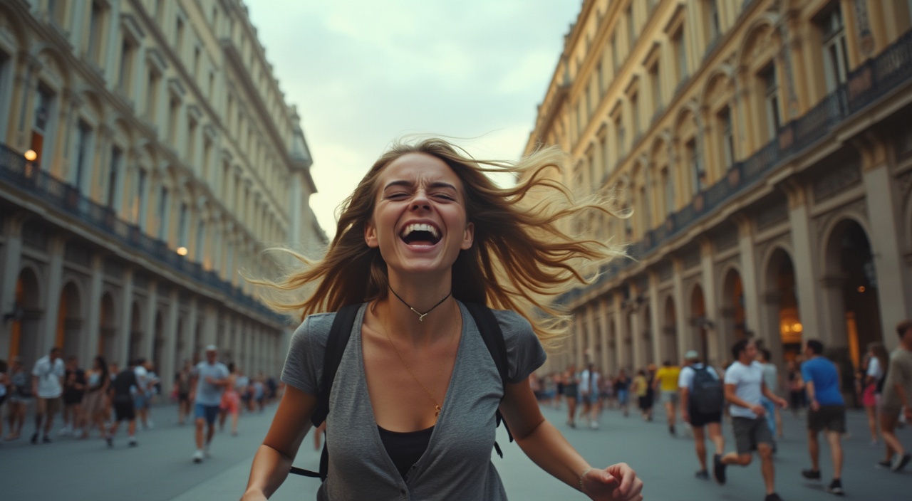 AI generated image by FLUX.1-pro: gente gritando y corriendo por la avenida de una ciudad con grandes edificios