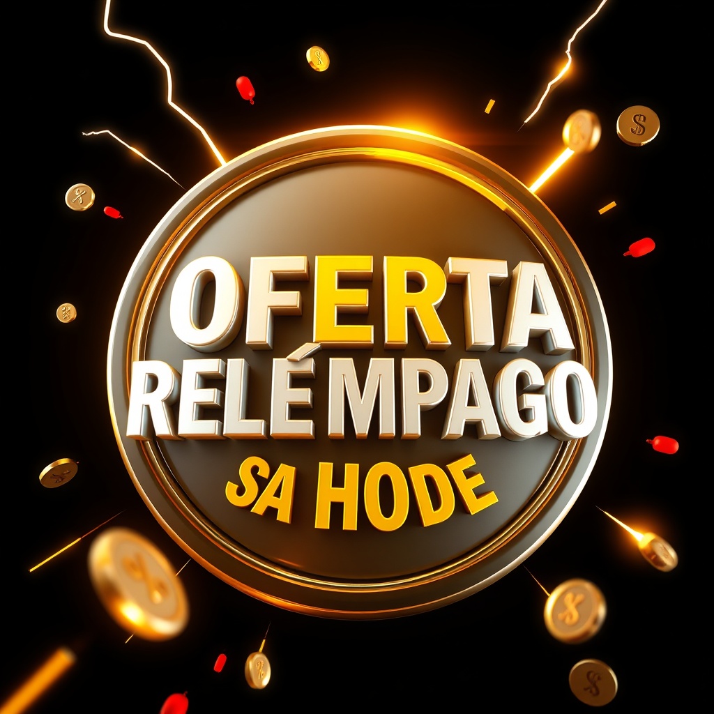 AI generated image by FLUX.1-schnell: ultra realistic 3D supermarket promotional badge, extreme depth, heavy extrusion, thick bevel edges, layered 3D text, cinematic render, octane render style, cinema 4d

main text: "OFERTA RELÂMPAGO"
secondary text: "SÓ HOJE"

typography: bold, massive, strong depth, white and yellow text, thick 3D letters, high readability

materials: glossy plastic, metallic gold reflections, polished surfaces, high specular lighting

lighting: dramatic lighting, strong rim light, glow effects, reflections, high contrast shadows

effects: energy burst, lightning bolts, percentage symbols %, shopping cart icon, coins, dynamic motion streaks

colors: orange glow, golden highlights, red accents, deep black background

composition: central badge, circular shape, elements floating around, strong perspective, close-up view

camera: macro, wide angle, dramatic perspective

quality: ultra detailed, 8k, sharp, no flat design, deep shadows, strong 3D

perfect readable text, correct accents, no distortion