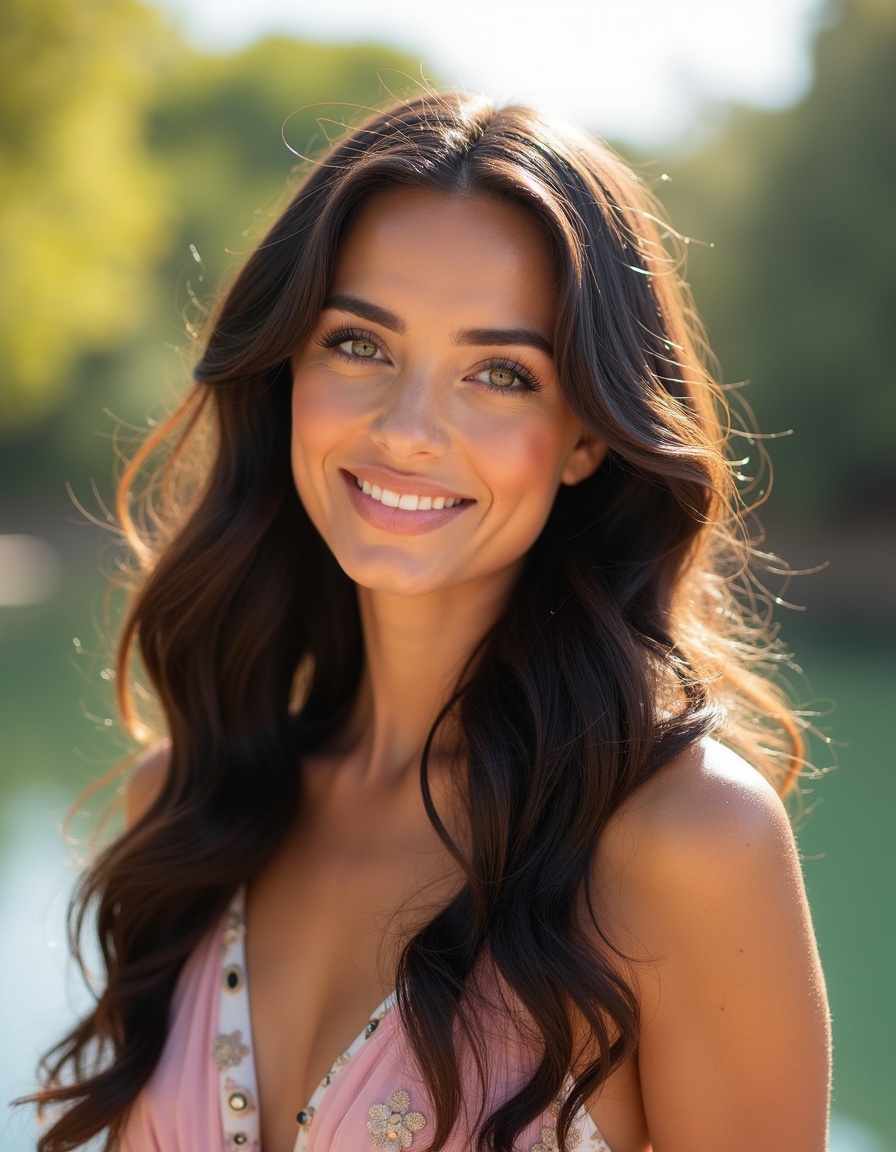 AI generated image by FLUX.1-image-to-image: Retrato elegante de uma mulher com rosto oval, pele morena queimada de sol, cabelos longos pretos volumosos e levemente ondulados, repartidos de lado com volume natural. Olhos verdes em formato amendoado, cílios marcantes, sobrancelhas escuras bem definidas. Lábios cheios com gloss rosa, nariz refinado e reto, feições simétricas. Usando jaqueta brilhante rosa e branca e brincos de argolga. Leve sorriso, cabeça inclinada para o lado, olhando for a da câmera. Iluminação natural, brilho suave na pele, fundo desfocado estilo foto de celular