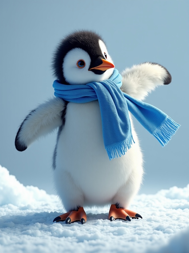AI generated image by FLUX.1-image-to-image: A dancing baby penguin, one flipper up, one leg raised, spinning on icy ground, blue scarf flowing, spotlight effect, studio background, high detail, 4k"