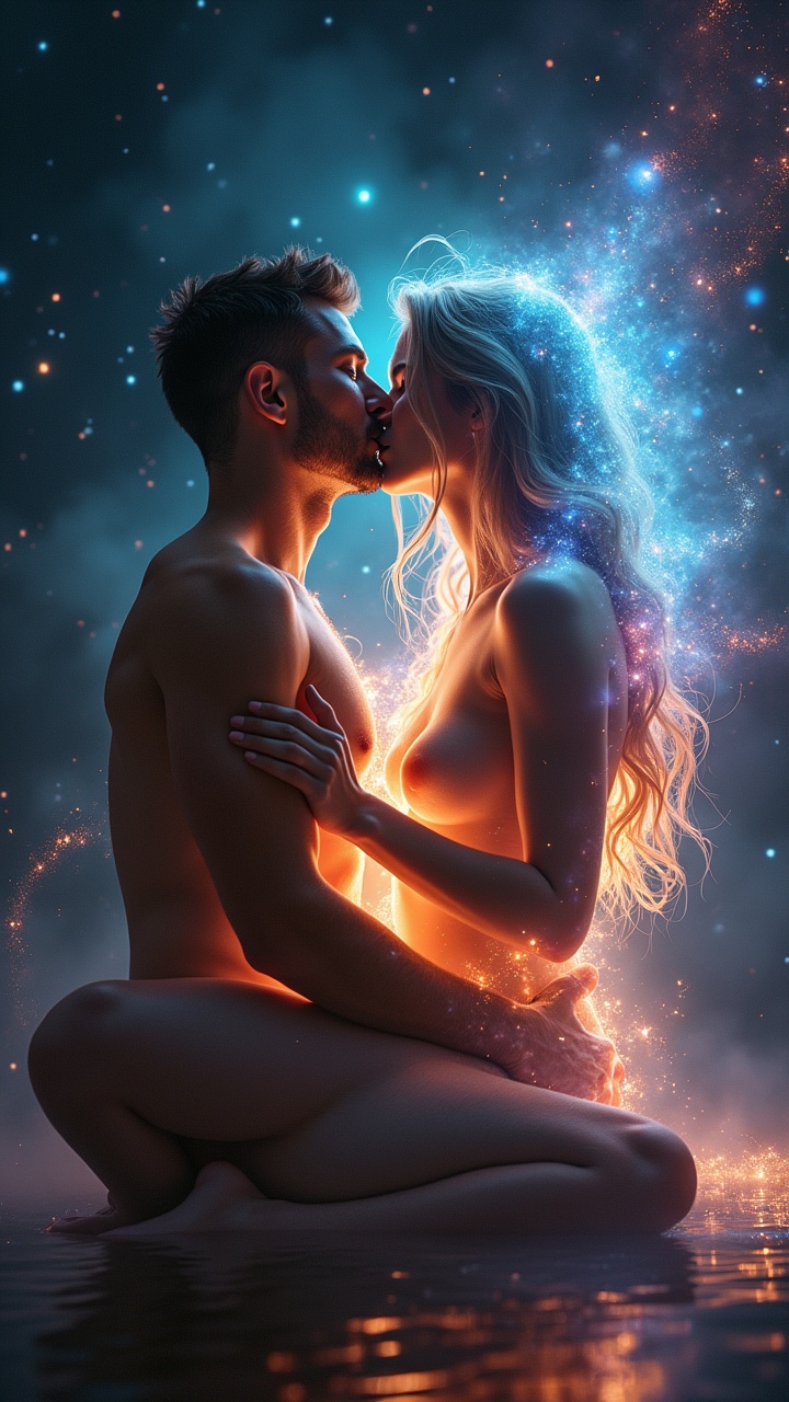 AI generated image by FLUX.1: a close up beautiful well illuminated nude  profile image of a man sitting down and a woman straddled over him kissing and making love , her arms are arround his neck and her breasts revealed, they are  surrounded by stars, nebulas, energy waves of different colors, there is a prominent and thick  energy field of white light surrounding them, and from that energy field of white light there are beautiful energetic and colorful light rays   forming  an explosion of colorful energy light rays arround  outward into space