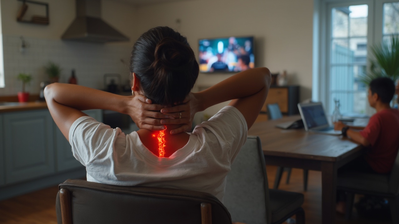 AI generated image by FLUX-Realism-Lora: a Hispanic woman sitting in a chair next to the kitchen holding the back of her neck in pain. In the background there are a group of people watching an event on tv. She is doesn't want them to know she is in pain.