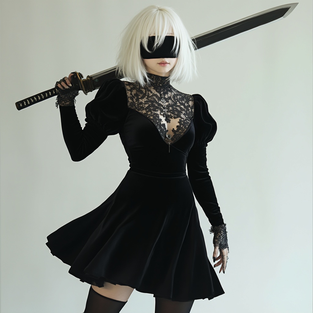 AI generated image by FLUX-Realism-Lora: Petit Asian woman, curvy hourglass figure, 110lbs,  26 years old, white hair styled in a messy chin length bob cut, small black velvet-silk dress down to the mid thigh with long sleeves and poofy shoulders and a more exposed lace pattern boob window, black blindfold under the hair diagonally from the top right of her forehead over the nose and not covering it to the bottom left side of the face, black headband directly centered on her head, white lace gloves over the dress sleeves that extend to the forearm, black lace gloves that cover only to the wrist over the white ones, just above the knee high black tights, knee high high-heel boots, blue eyes, graceful pose holding a nodachii in one hand looking down the blade