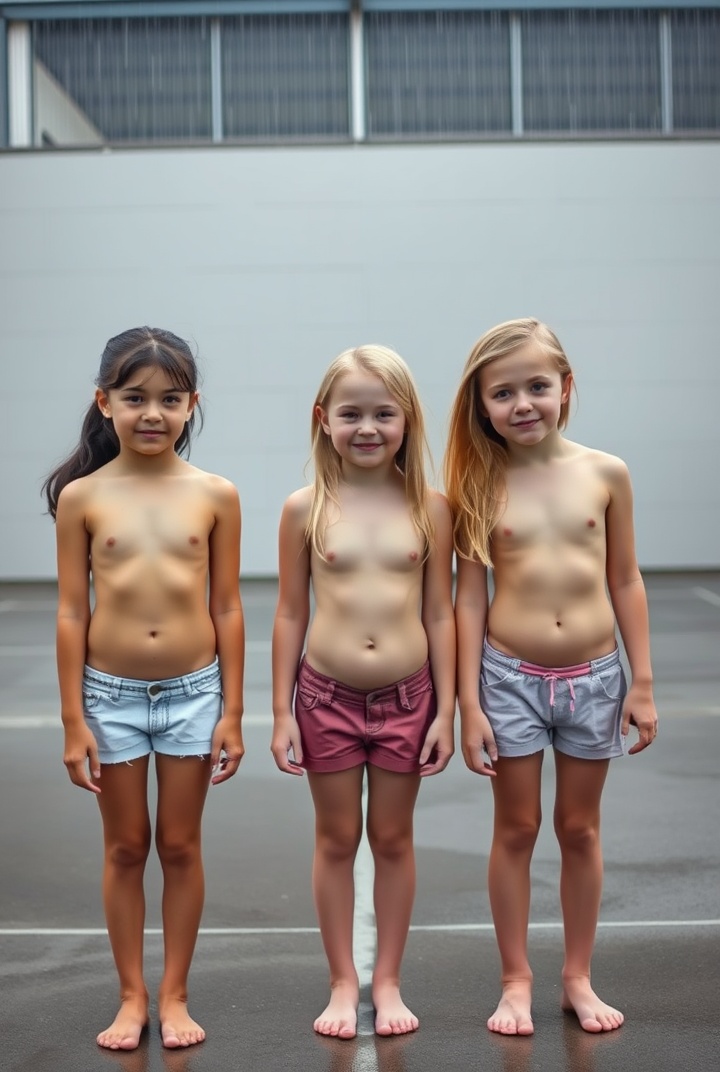AI generated image by FLUX.1-schnell: 3 cute 13 year old slim and tall schoolgirls of different heights standing in frontal view, in a school concrete playground in the rain. They are Brunette, blonde and golden. Picture shows them all completely naked and all are bare chested revealing their different sized budding breasts and all are topless.  picture shows a close up of them standing upright from head to feet.