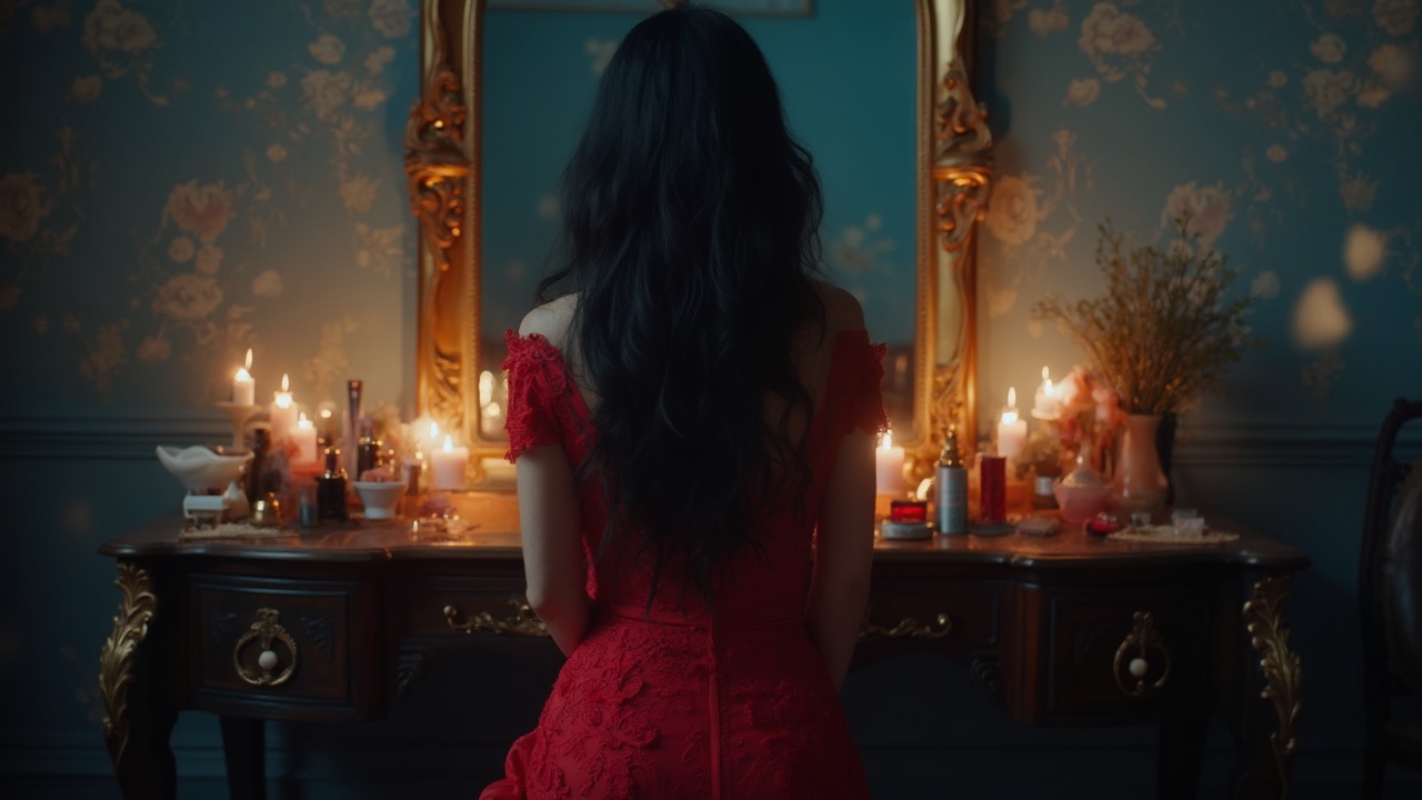 AI generated image by FLUX-Realism-Lora: A beautiful woman in a form-fitting red lace dress sits at an ornate dressing table surrounded by softly glowing candles and high-end cosmetics. She is positioned with her back to the camera, her long, slightly wavy black hair cascading down her back. The reflection in the large, intricately framed mirror in front of her does not reveal her face, enhancing the sense of mystery. The dim room is bathed in warm, ambient candlelight, casting subtle shadows that highlight the contours of her figure and the delicate texture of the dress. A dark blue background with soft, blurred lights adds depth to the scene, creating an atmosphere of elegance and intrigue. The photo captures fine details, such as the lace of her dress and the subtle flicker of candlelight, adding a cinematic quality to the composition.