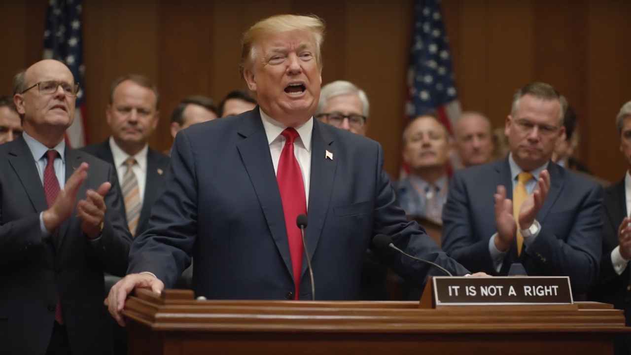 AI generated image by FLUX-Realism-Lora: Image of a politician at the podium he seems angry at something and behind him is other politicians clapping at what he is saying. This is a representaion of a a meeting in current congress. There is a sign board that reads: "IT IS NOT A RIGHT"