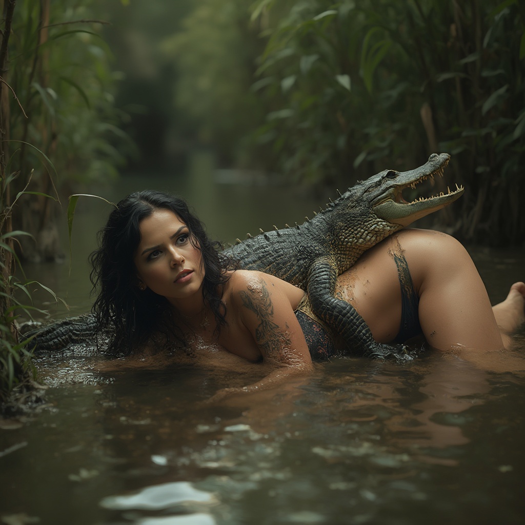 AI generated image by FLUX-Realism-Lora: (((WWE Diva Layla El who is completely nude))) is lying on her stomach, an (((Alligator is mounted on her back))), and is, having (((Mating Sex))) with, her, in a swamp, (((Extreme detailed))), (((Best quality))), (((Masterclass))), (((8k))), (((Hdr))), (((Natural lighting))), (((Extreme realism)), (((High qaulity photography))), (((Insanely Detailed and Intricate))), (((Canon EOS R3)))