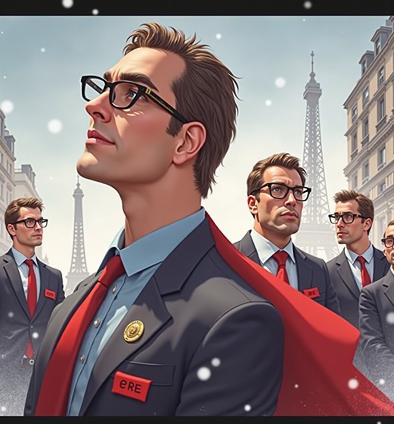 AI generated image by FLUX.1-image-to-image: Create a cinematic poster-style illustration featuring a team of bankers from the Banque Populaire agency on Rue Lecourbe. Each banker should have a professional, confident demeanor, dressed in formal business attire—tailored suits, ties, and name badges with the Banque Populaire logo. Capture the same heroic, dynamic poses seen in classic Avengers-style posters, with the main figures positioned in powerful stances, looking determined and forward-focused. The background should include subtle Parisian elements, such as Haussmannian buildings, faint images of the Eiffel Tower, and the Banque Populaire logo blended into the scene. Use a color palette that combines professional tones—deep blues, greys, and whites—with a hint of dramatic lighting and shadow for an epic feel. Snowfall could be added lightly to give a winter atmosphere, but keep the composition professional and inspiring, conveying a sense of teamwork, dedication, and commitment to excellence.