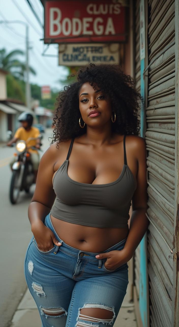 AI generated image by FLUX.1-pro: Curvy Dominican woman posing outside a small bodega with faded signage and metal shutters. She wears a fitted tank top and ripped jeans, her lips glossed and her gaze direct. Her hair is styled in voluminous curls, and she leans casually against the wall as a motoconcho passes in the background. 
