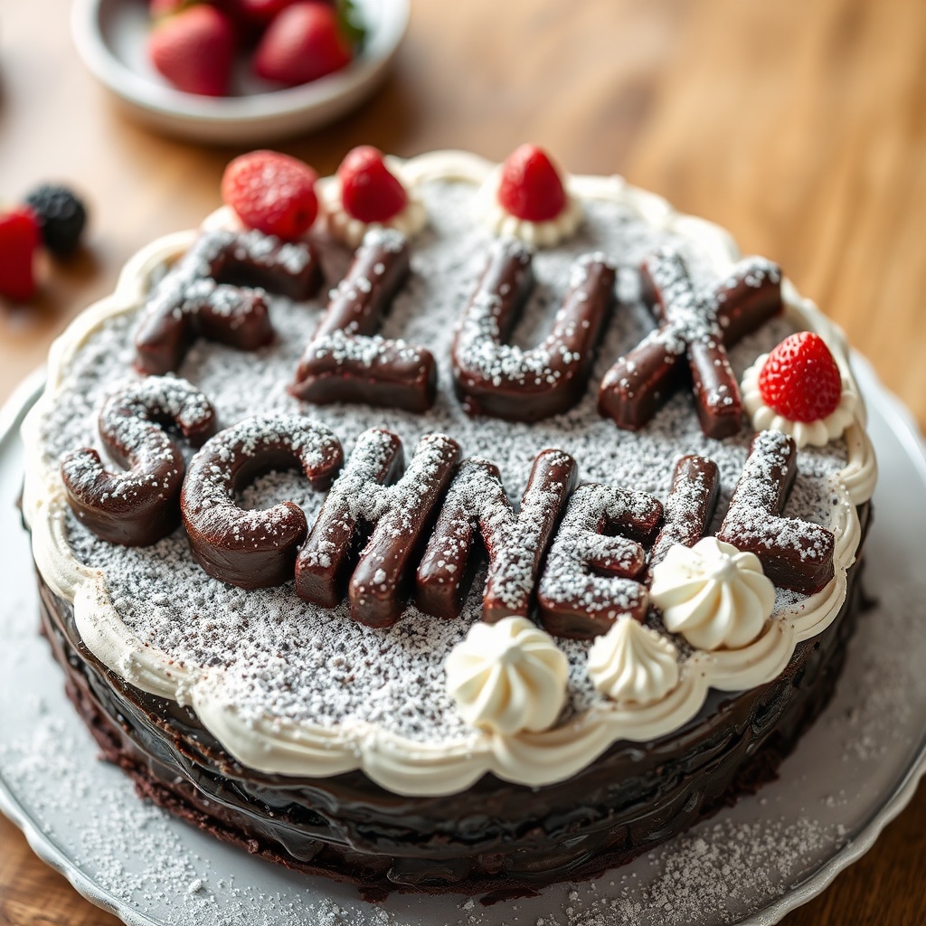AI generated image by FLUX.1-schnell: black forest gateau cake spelling out the words "FLUX SCHNELL", tasty, food photography, dynamic shot