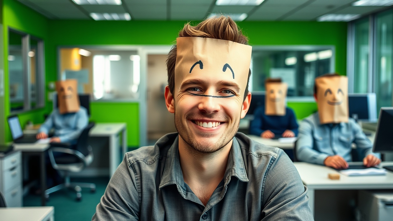 AI generated image by FLUX.1-schnell: a male person in an office on a desk with a smile. The office is colored in green at some areas. In the background are sitting 4 more persons on a  their own desks, their faces are covered with a paper bag with a funny smile written with a black pencil on it. They are sitting on separated desks in the background.