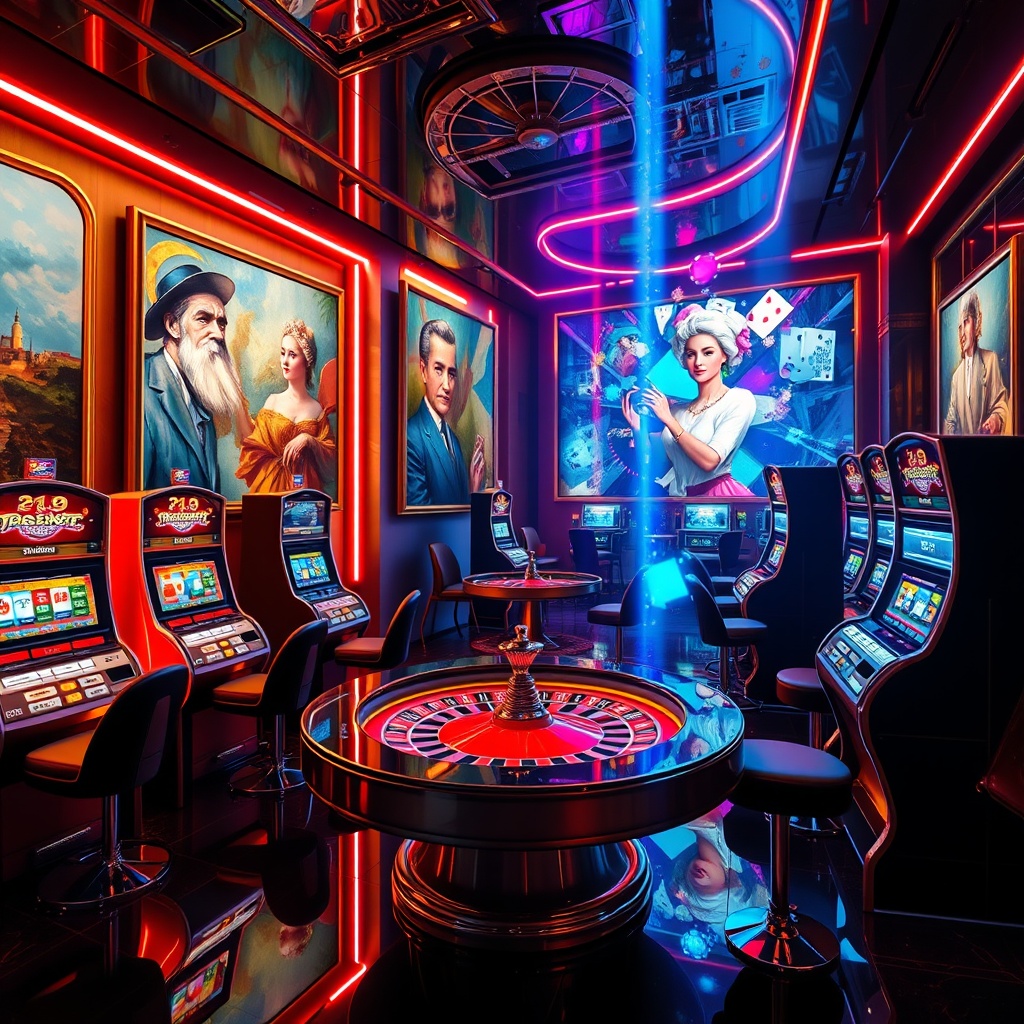 AI generated image by FLUX.1-schnell: A visually stunning and artistic depiction of the fusion between art and online casinos. The image features a luxurious casino setting transformed into an art gallery, with slot machines and roulette wheels reimagined as sculptural masterpieces. Neon lights create a surreal ambiance, casting colorful reflections on abstract paintings and digital artwork inspired by gaming themes. Holographic projections of famous artworks are interwoven with casino elements, such as playing cards and poker chips. The atmosphere is elegant, creative, and innovative, symbolizing the harmony of artistic expression and the excitement of online gambling in a sophisticated and futuristic environment.