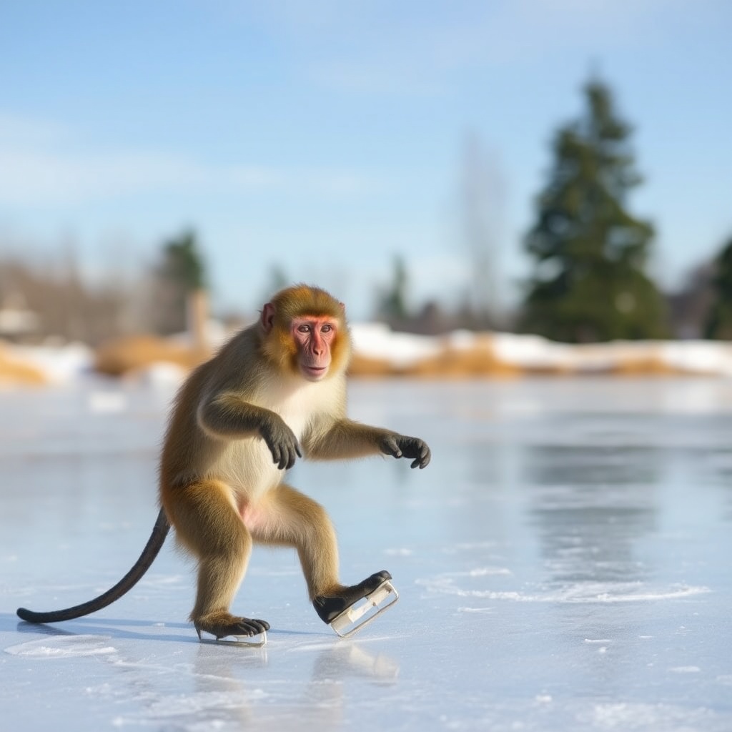 AI generated image by FLUX.1-schnell: a monkey ice skating on a frozen pond
