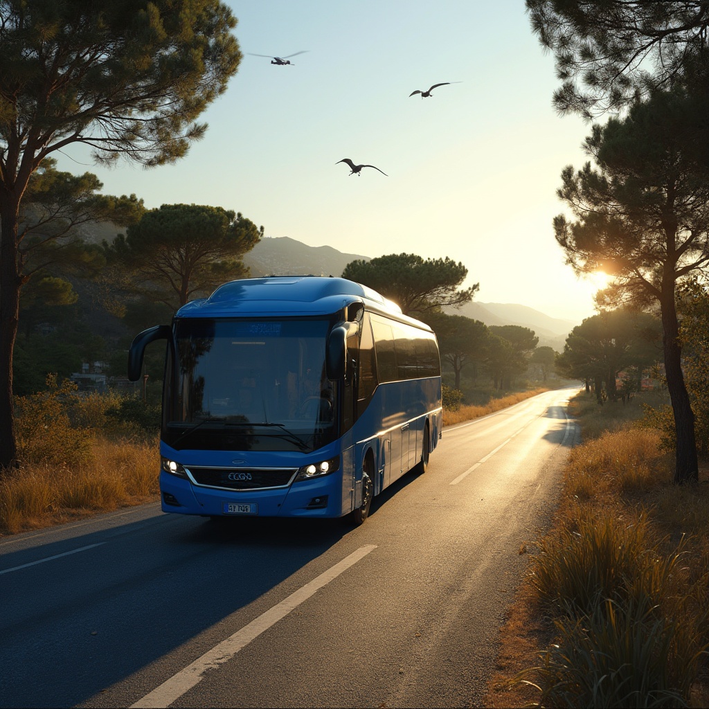 AI generated image by FLUX-Realism-Lora: Erstelle ein realistisches, weitwinkliges Bild. Ein moderner blauer Reisebus fährt durch die italienische Toskana. Es ist früher Nachmittag Ende Oktober. Die Sonne scheint. Entlang der Straße stehen Pinienbäume. Die Landschaft ist leicht hügelig. Das Licht ist warm und weich. Fotografiert leicht von oben wie mit einer Drohne.