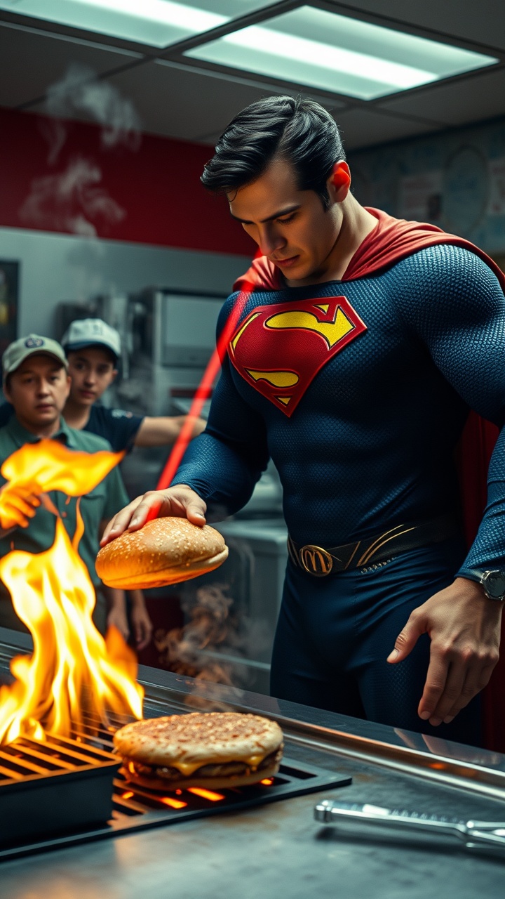 AI generated image by FLUX.1-schnell: 
Superman attempting to heat a hamburger with his laser vision, modern era, wearing a McDonald's uniform with his cape partially visible, inside a fast-food kitchen, the grill catching fire with flames rising as the hamburger burns, smoke filling the air while other employees look shocked in the background, medium shot, hyper-realistic, photo realism, cinematography  