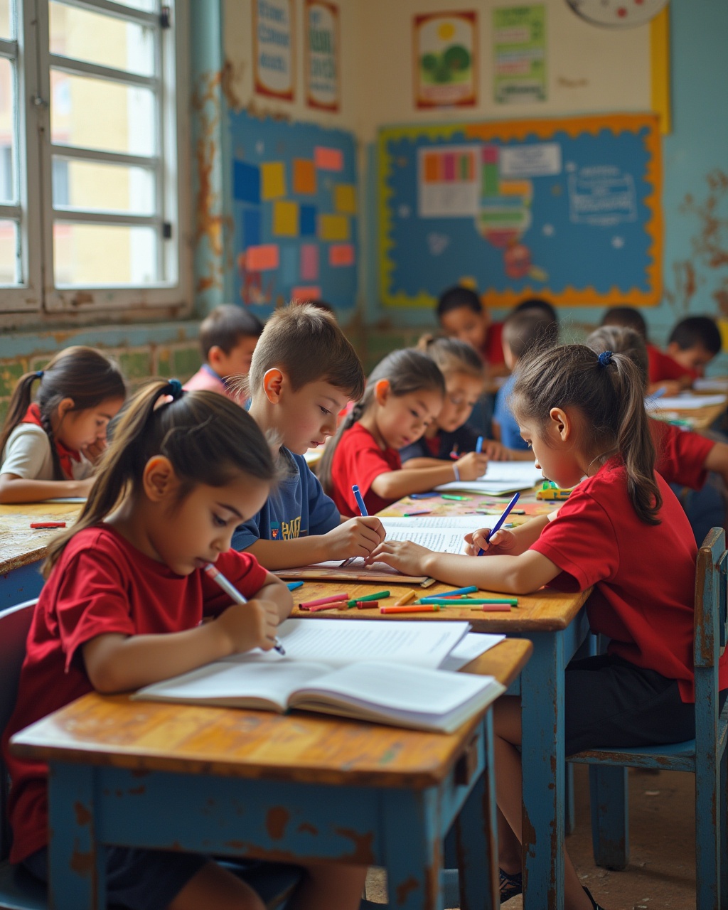 AI generated image by FLUX.1-pro: en el colegio, niños de inicial estudiando, que predominen los colores #1B66B0 y #F28C2E