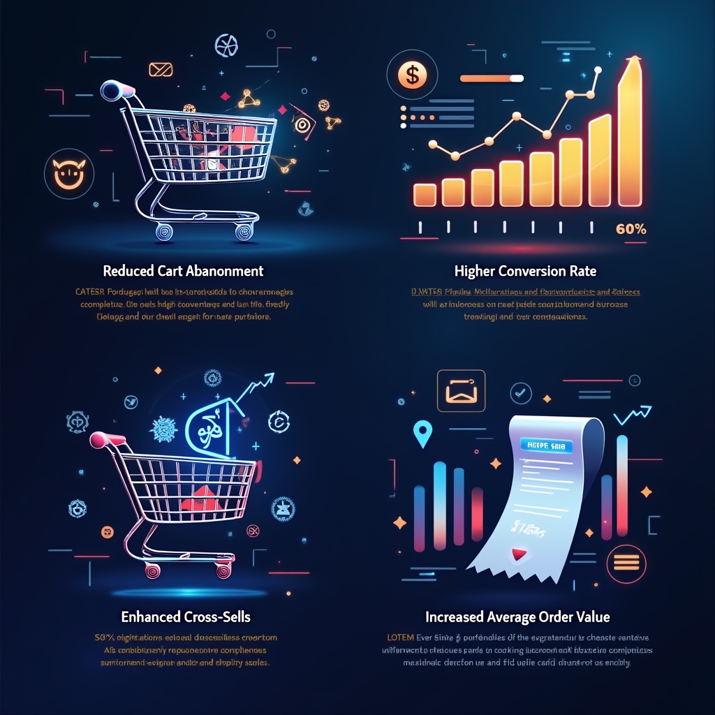 AI generated image by FLUX.1-pro: Create a sleek, modern 2D digital infographic that visually represents four key e-commerce success metrics in a high-tech, futuristic style. The design should have a dark-themed background with glowing blue and gold neon highlights, inspired by cryptocurrency and fintech visuals. Each section should clearly illustrate a different business growth factor:

Reduced Cart Abandonment: A shopping cart with fading or disappearing items, symbolizing lost sales. Next to it, a digital dashboard displaying a downward-trending abandonment rate graph with percentage improvements. The visual should suggest how AI reduces lost purchases.

Higher Conversion Rate: A glowing 'Checkout Success' button with a rising conversion percentage beside it. Surrounding the button, transaction icons or progress bars indicate seamless and frictionless purchases. This section highlights improved checkout completion.

Enhanced Cross-Sells: A structured shopping cart dynamically filling with additional suggested products, representing AI-driven personalized recommendations. A bar graph in the background shows an increase in upsell purchases over time.

Increased Average Order Value: A digital receipt with a rising total purchase value, accompanied by an upward-trending financial growth chart. Floating currency symbols (such as dollar signs or e-commerce-related icons) emphasize revenue growth.

The infographic should have clean, futuristic typography, with clearly labeled sections for each metric. Data visualizations, icons, and minimalistic UI elements should reinforce the high-tech and professional tone of the image while ensuring clarity and visual appeal.
