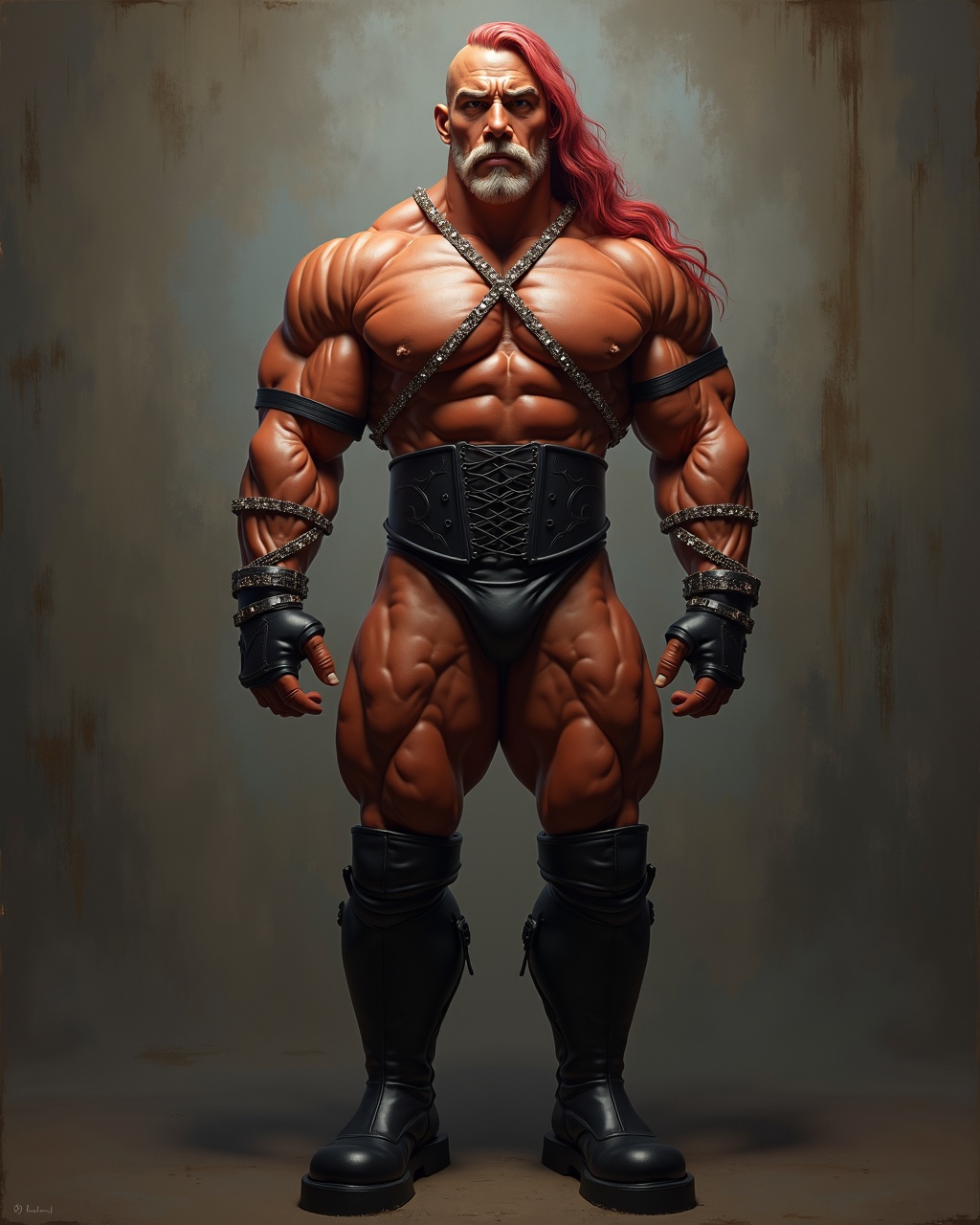AI generated image by FLUX.1: 16K high-quality and hyper detailed 3D Computer Generated Oil Painting Hyper-Masterpiece of a two meters tall androgynous brawny bodybuilding body beast stunning gorgeous barbie dyke with an anabolic-androgenic steroids pumped up x-shape meso-endomorph monsterous muscle-bound hardbody physique like highly muscular, shredded figure, extremely lean, perfect defined muscles, chiseled abs, shapely hips, massive muscle separation, zero body fat, extreme vascularity, a shredded sculpted and snatched beastly upper abs plus a flattest shredded sculpted and snatched beastly v-cut abs belly plus anabolic-androgenic steroids incredibly biggest pumped up gigantic busty breasts enlarged with 3000cc plump silicone implants with large teats and an anabolic-androgenic steroids incredibly impressive Bubble butt enlarged with plump silicone implants. She wears wrists with crystal clear rhinestones like six-row bracelets, a neck with crystal clear rhinestones like a seven-row choker, upper arms straps with crystal clear rhinestones like five-row bracelets wearing additionally a black leather bra, a black leather extremely tightest, extremely narrow laced corset around the thinnest wasp-waist, a black leather jockstrap with four black leather garter straps attached with sensual black nylon stockings, black leather thigh-long over-the-knee pleaser platform block boots with eight inches thickest block soles, black leather lower arms long gloves with black leather covered full fingers and black leather covered full thumbs plus a black eyeglass frame with clear lenses. It has a symmetrical, well-proportioned long-sized rectangular-shaped, hottest makeupped chiseled look skin fatless slim defined particularly most perfect, most pronounced, most prominent stunning gorgeous tempting androgynous-like hermaphrodite face with a particularly most perfect, most pronounced, most prominent broad, boxy forehead with particularly most perfect, most pronounced, most prominent supersized large, navy blue, very slanted focused pressed together furious expressive upturned angle upwards, sharp slit monolid six-centimeters-wide hooded eyes plus particularly most perfect, most pronounced, most prominent high-arched thickest swollen neanderthal brow ridges with wrinkles between the at an angle of forty-five degrees upturned angle upwards straight black eyebrows and long, curled false long black eyelashes plus particularly most prominent, most perfect, most pronounced, most furious nastiest look plus broadest, longest particularly most perfect, most pronounced, most prominent nasal bone and bridge of straight nose runs into a particularly most perfect, most pronounced, most prominent sharp pointed nose with widest, flared inflated nostrils in anger plus particularly most perfect, most pronounced, most prominent extreme high pointed cheekbones with leanest cheeks-fat plus a particularly most perfect, most pronounced, most prominent widest mouth with supersized very full, soft-looking voluptuous sensual Bordeaux-red siliconelike upper luscious lip and soft-looking voluptuous sensual Bordeaux-red siliconelike lower luscious lip, between which shine white, perfectly formed teeth in the upper jaw´s teeth and in the lower jaw´s teeth appear, which shows a particularly most prominent, most perfect, most pronounced, most gorgeous, most mind-blowing, most seductive, most cheekiest and most mischievously, brightest, captivating, evilest teeth smirk in nastiest, gloatingly, most cheekiest, plus strongest, sharpest defined strong lower square-shaped masculine jawline with corners and edges with particularly most perfect, most pronounced, most prominent sharply cut angular jaw angles and particularly most perfect, most pronounced, most prominent long and strong lower jaw branch with particularly most perfect, most pronounced, most prominent distinctive broadest sharpest square-shaped angular flat chin with particularly most perfect, most pronounced, most prominent ears and a straw-colored blonde strictly smooth classic ponytail.