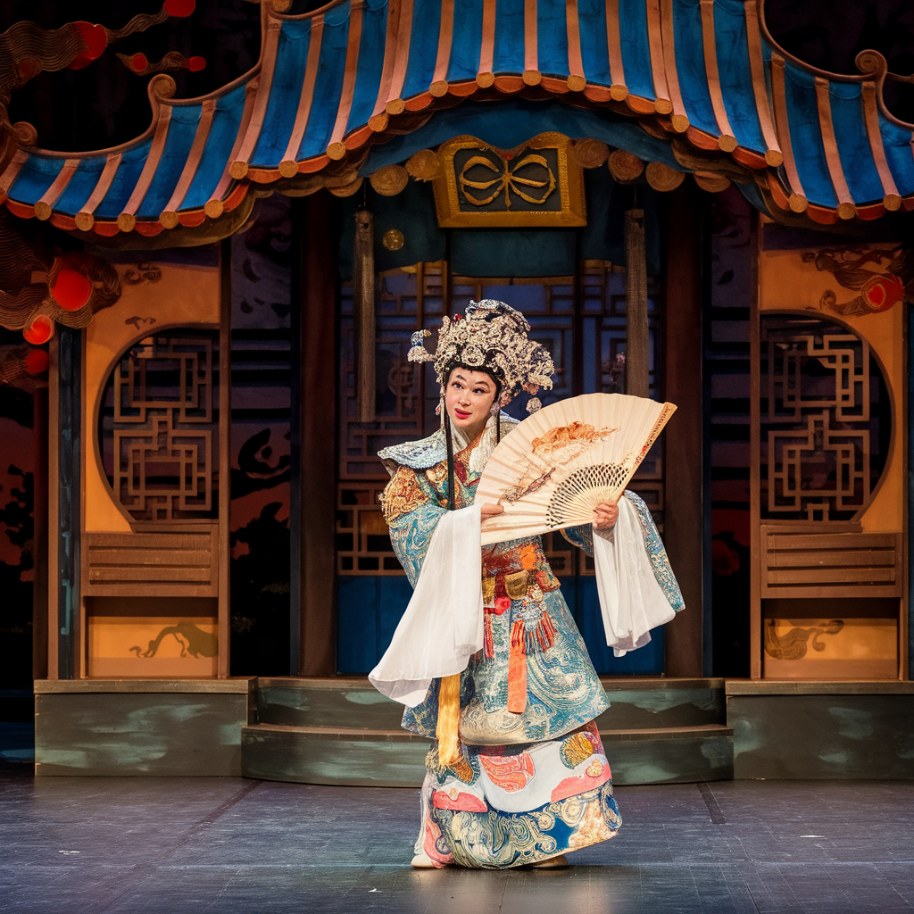 AI generated image by ideogram 2.0: 舞台上，昆曲演员身着华丽戏服，手持团扇，轻盈转身，眉眼间流露出古典美人的婉约与深情。背景是中西文化交融的舞台设计，展现昆曲作为中国文化名片的独特魅力。