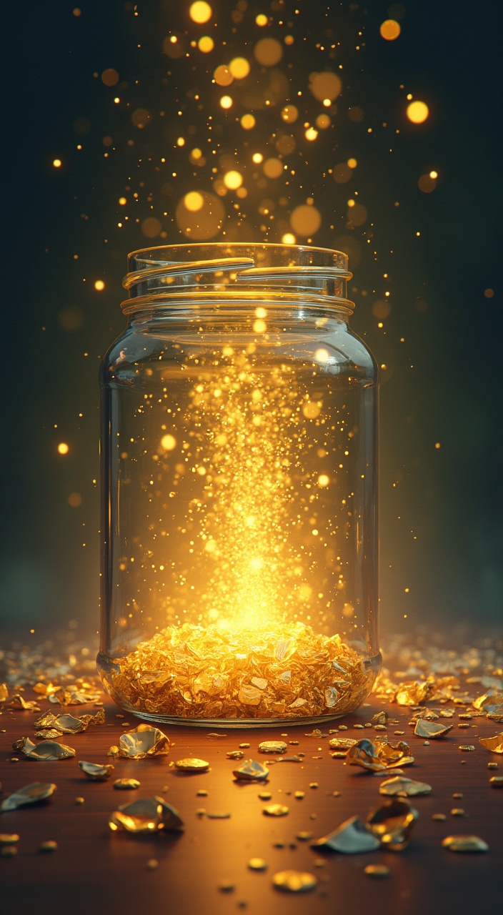 AI generated image by FLUX.1-pro: Symbolic illustration of a broken jar overflowing with golden light placed beside a perfect polished jar that is empty, metaphor for inner truth versus outer appearance