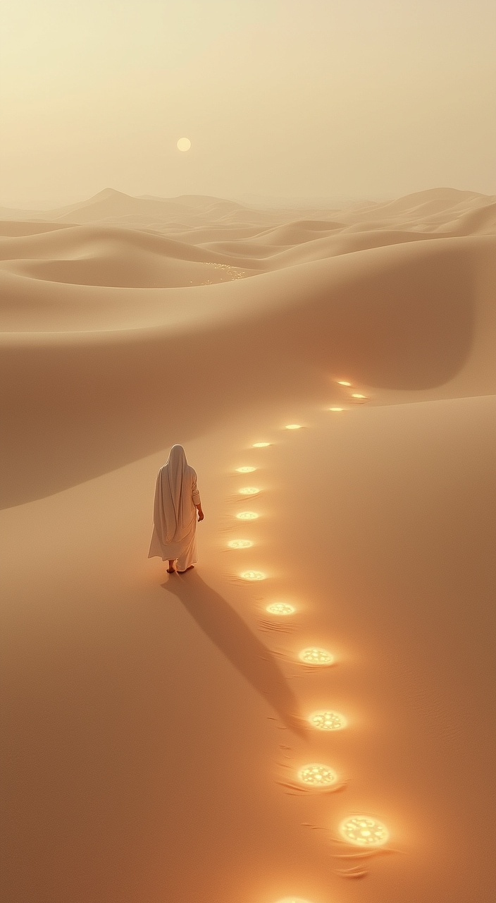 AI generated image by FLUX.1-pro: A minimalist desert landscape with soft dunes stretching into the horizon. The scene features a lone figure dressed in traditional attire, positioned at the bottom of the frame, viewed from above, creating a sense of scale and solitude. The dunes are predominantly #BFB3A4 (beige soft), covering 60% of the composition, with shadows and textures in #595047 (earthy gray), making up 30% of the image. The figure has left a trail of glowing footsteps behind, each step emitting a faint, warm glow in #D93D04 (vivid orange), creating a subtle and mystical accent (10%). The lighting is warm and diffused, enhancing the serene and introspective atmosphere of the scene.