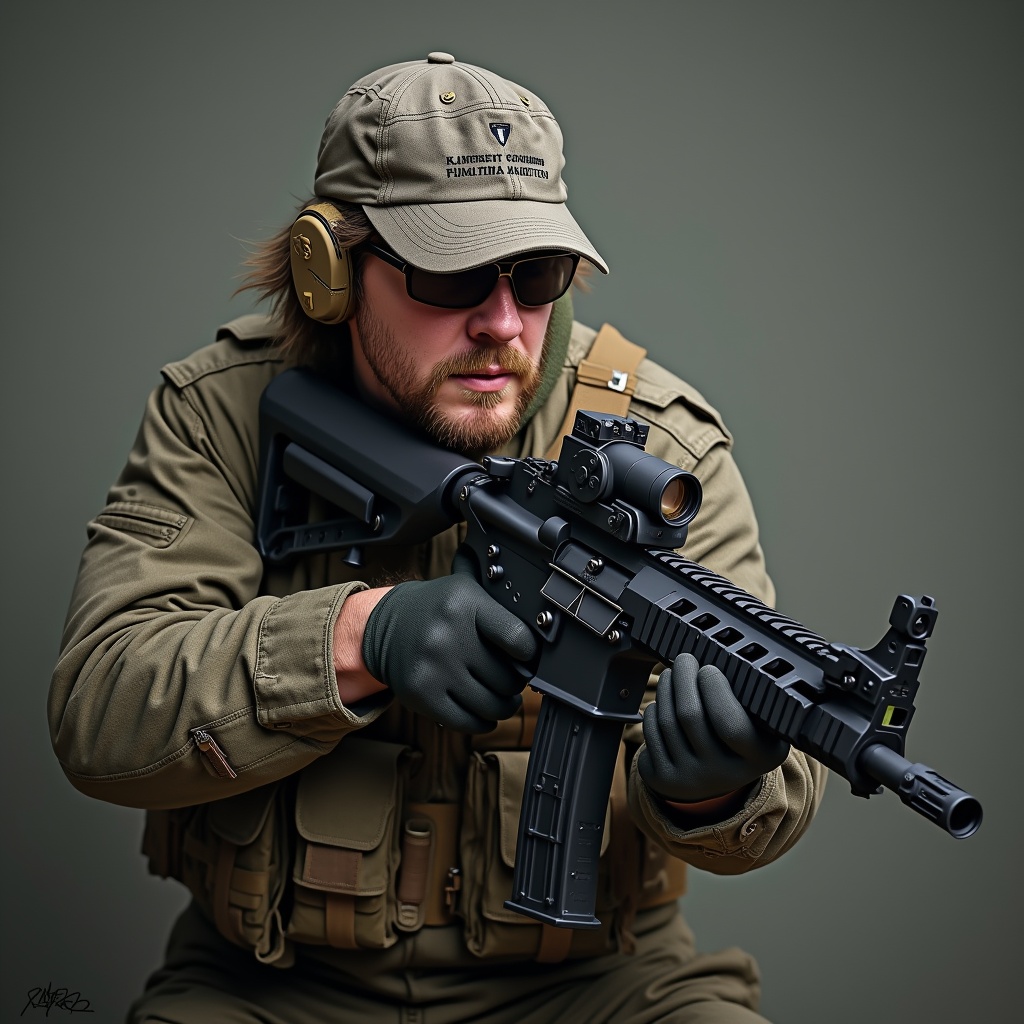 AI generated image by FLUX.1: девушка с автоматом m4a1 смотрит прямо фон фиолетово синий феерверк вокруг