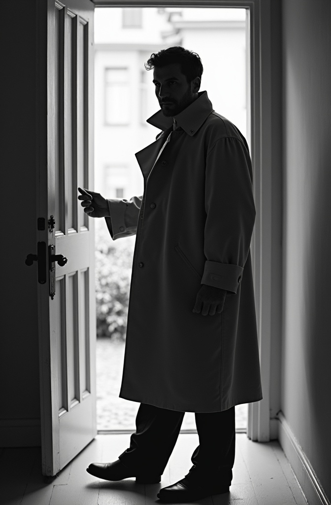 AI generated image by FLUX.1-image-to-image: black-and-white photo with the broad-shouldered silhouette of a man in a trench coat standing in a doorway coming in.
The man holding the door handle, as if he just entered the room.