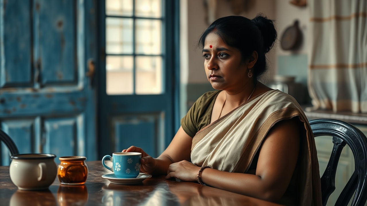 AI generated image by FLUX.1-schnell: A 30-year-old Tamil woman sits alone at the dining table with a hot coffee, absentmindedly. She is of a round build, unhappy, womanly, in an old beige linen cotton saree with olive blouse, black hair, tied hair. an old French-style rustic kitchen, bluish door, window, and dirty white curtain, bokeh style, high-quality photo --ar 3:2 --c 4 --v 5 --iw 2.0 --q 2