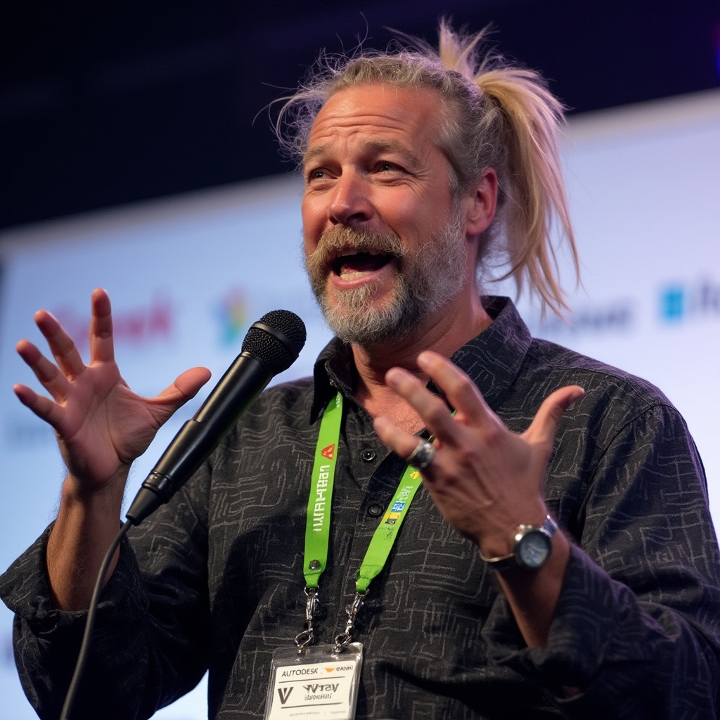 AI generated image by FLUX-Realism-Lora: A charismatic speaker is captured mid-speech. He has long, slightly wavy blonde hair tied back in a ponytail. His expressive face, adorned with a salt-and-pepper beard and mustache, is animated as he gestures with his left hand, displaying a large ring on his pinky finger. He is holding a black microphone in his right hand, speaking passionately. The man is wearing a dark, textured shirt with unique, slightly shimmering patterns, and a green lanyard with multiple badges and logos hanging around his neck. The lanyard features the "Autodesk" and "V-Ray" logos prominently. Behind him, there is a blurred background with a white banner containing logos and text, indicating a professional or conference setting. The overall scene is vibrant and dynamic, capturing the energy of a live presentation.
