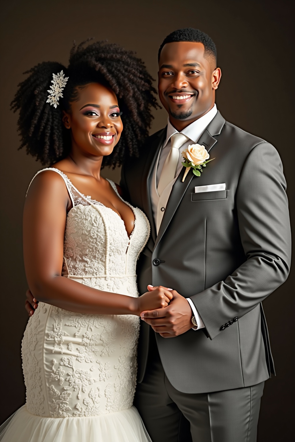 AI generated image by FLUX.1-image-to-image: Create an 8k, photorealistic, cinematic, professional, romantic, dramatic, wedding photo of the smiling slightly plump mixed African-American/White wife holding her new rotund light-skinned Creole-American's husband's hand. Keep their gown and suit the exact same. Clone the bride's face and body type. Keep the same facial expression and details, hair color and style, body type, and detailed facial features for the bride. Clone the groom's face EXACTLY as it is in the image, MUST keep the same detailed facial features, hair color and style, AND body type. Focus on keeping the details of each face the EXACT same as it is in the reference photo.