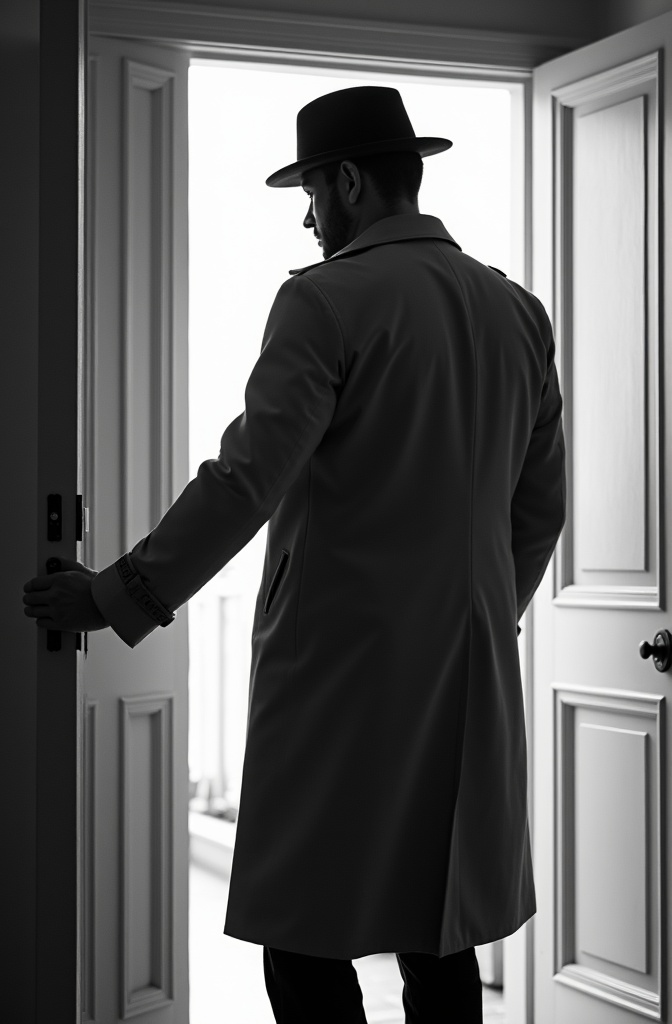 AI generated image by FLUX.1-image-to-image: black-and-white photo with the broad-shouldered silhouette of a man in a trench coat standing in a doorway coming in.
The man holding the door handle, as if he just entered the room.