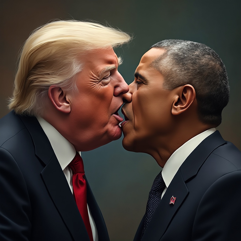 AI generated image by FLUX-Realism-Lora: donald trump besando en la boca a barak obama