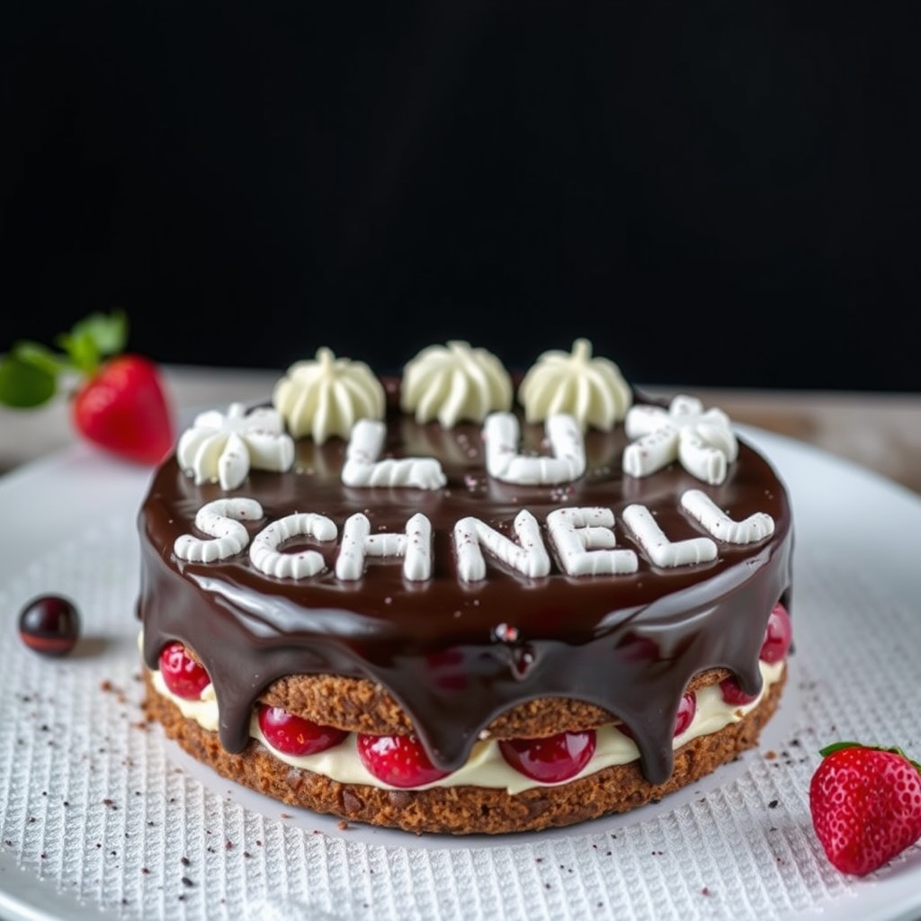 AI generated image by FLUX.1-schnell: black forest gateau cake spelling out the words "FLUX SCHNELL", tasty, food photography, dynamic shot