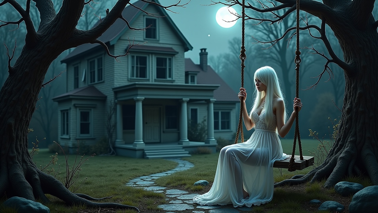 AI generated image by FLUX.1: Image is a digital fantasy artwork featuring a mystical scene. The layout is centered around a young woman with long, flowing white hair sitting on a wooden swing in the overgrown, darkened garden of an ancient, abandoned mansion. The mansion's intricate stone walls, overgrown with vines and moss, loom in the background, with broken windows and cracked walls that seem to whisper secrets to the moon. She is wearing a delicate, tattered white dress with lace details, and her pale skin seems almost translucent in the faint moonlight. The moon, now a faint silver crescent, casts an eerie glow, illuminating the scene with an otherworldly, ominous light. Twisted, leafless trees, their branches like skeletal fingers, surround the subject, adding to the foreboding atmosphere. The color palette is predominantly dark, muted tones, with shades of indigo, grey, and black,Enhancing the haunting quality of the image.