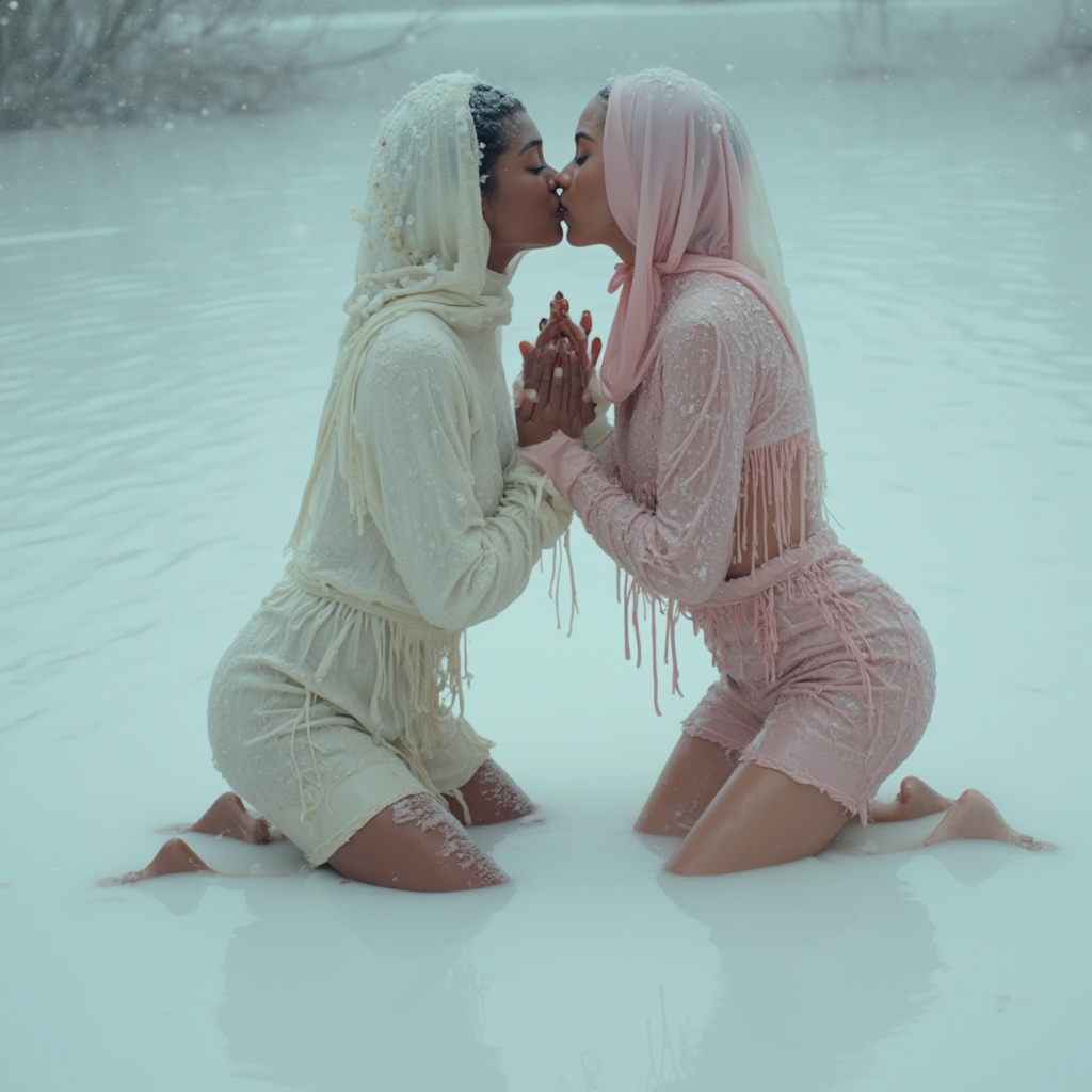AI generated image by FLUX-Realism-Lora: full body, drone shot. mixed race (asian, african, European) girls, very slim, tall and sexy kiss in lake of milk and ice cream whilst touching each other on the neck and breasts. they positioned randomly in the picture. long sleeve tops. high heels. mini skirts. full hijab, Its snowing. Their clothes are drenched and totally wet. She kneels in a lake filled with milk.