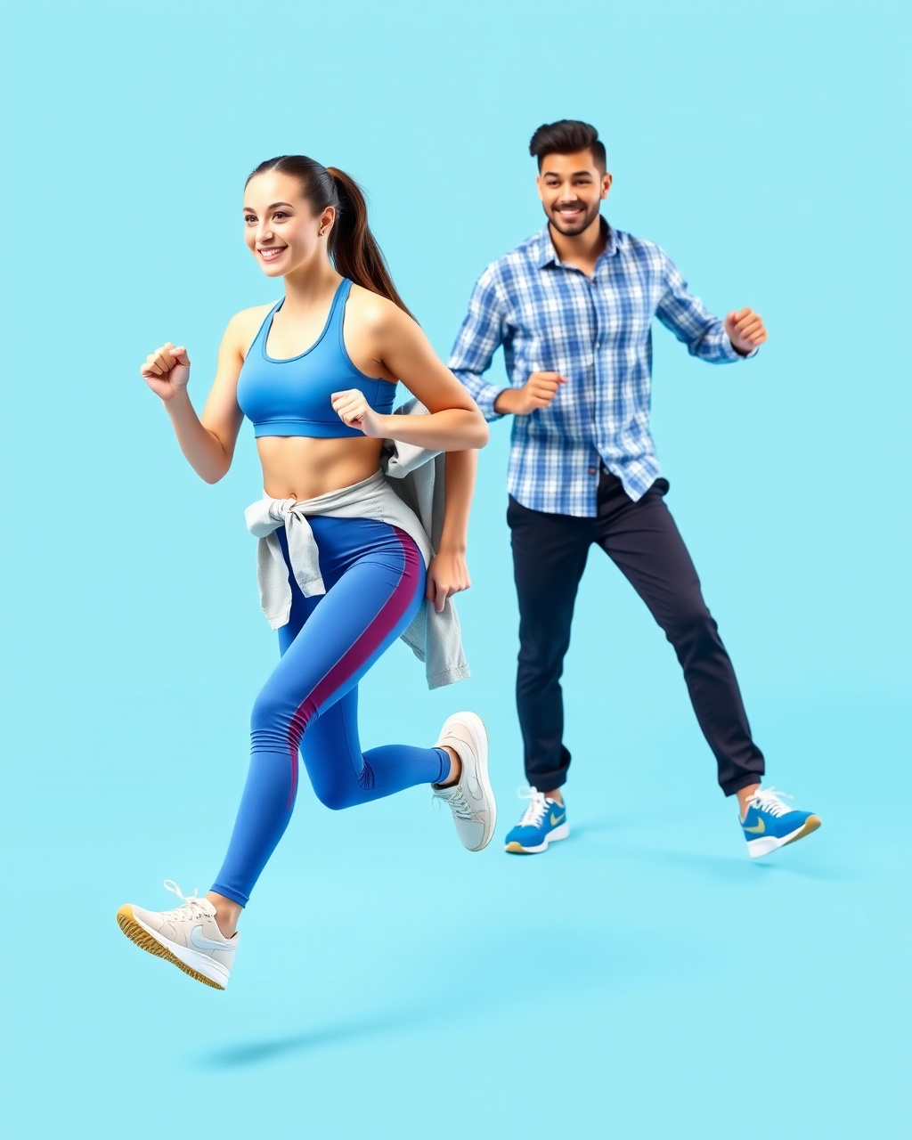 AI generated image by FLUX.1-schnell: Two young adults, one male and one female, in a dynamic, energetic pose on a bright blue background. The female is in the foreground, dressed in sporty attire with a tight-fitting, bright blue top, matching leggings, and a light jacket tied around her waist. She is wearing stylish sneakers, and her hair is tied back. The male in the background wears a blue and white checkered shirt, dark pants, and matching sneakers. Both are mid-motion, with expressive body language that conveys movement and athletic energy. The lighting is clear and bright, emphasizing the vibrancy of their clothing and the modern, sporty aesthetic.